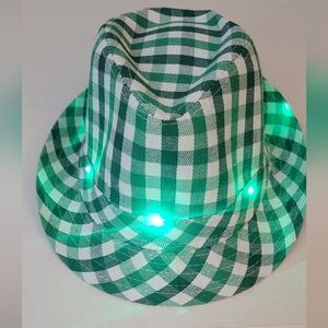 Green White Checkered Plaid Striped Light Up Fedora Hat Lighted
